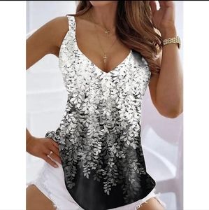 NEW Women's V-Neck Tank Top in Black and White Leaf Print